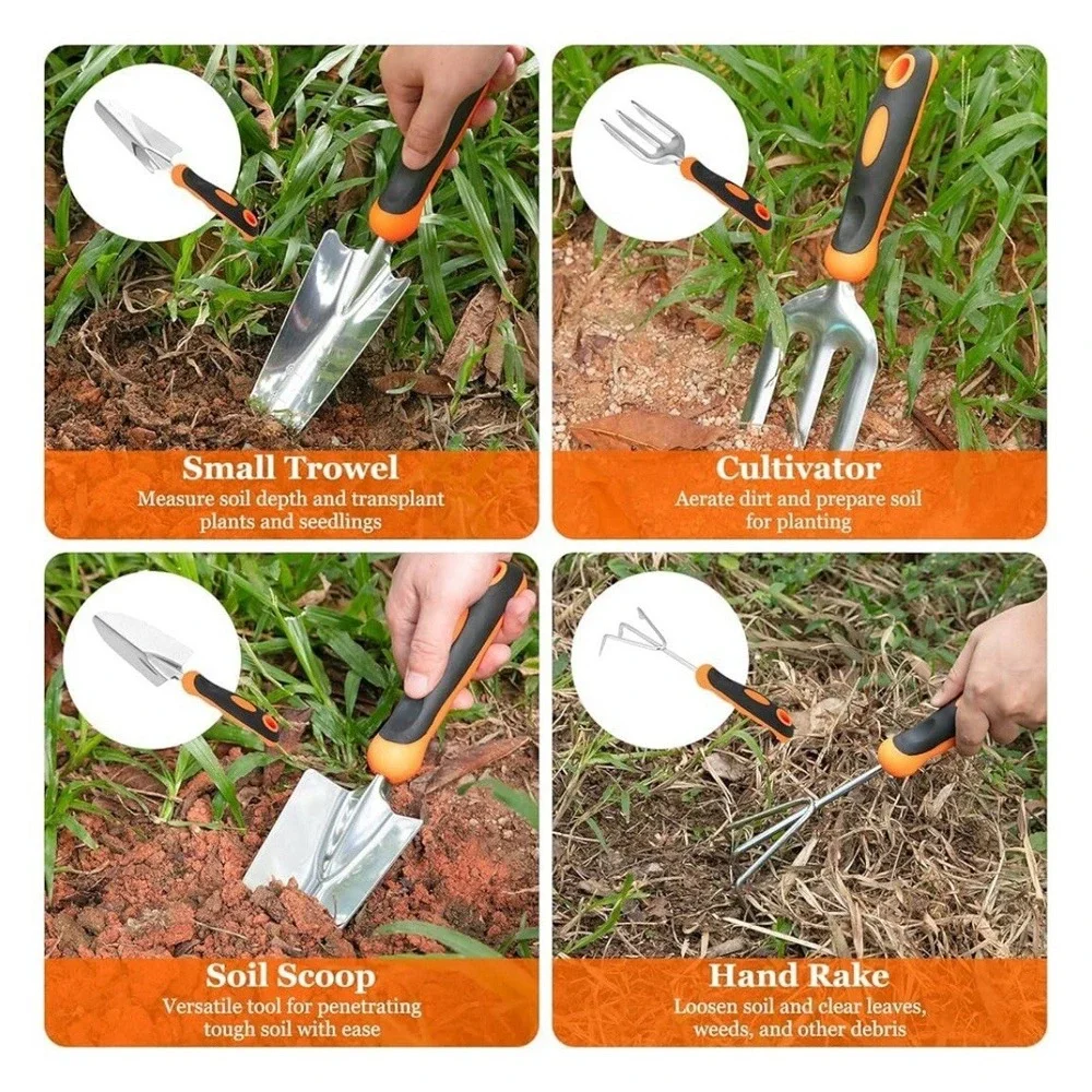 7pc Garden Tool Set Stainless Steel Ergonomic Handles Carrying Tote Orange Black